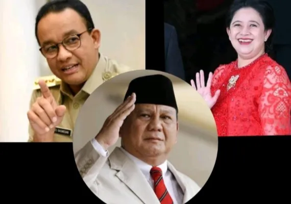 Kolase foto tiga tokoh yang digadang-gadang jadi capres pada Pilpres 2024. Elektabilitas Prabowo disebut bisa terjun bebas jika salah pilih wakil. (Foto: diolah dari google).