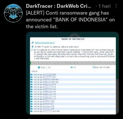 Tangkapan layar unggahan DarkTracer soal data BI yang diretas oleh Geng Ransomware Conti. (Foto: Twitter @darktracer_int).