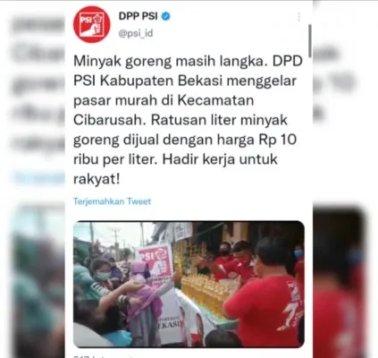 Unggahan PSI soal pasar minyak goreng murah. (Foto: Twitter @psi_id).