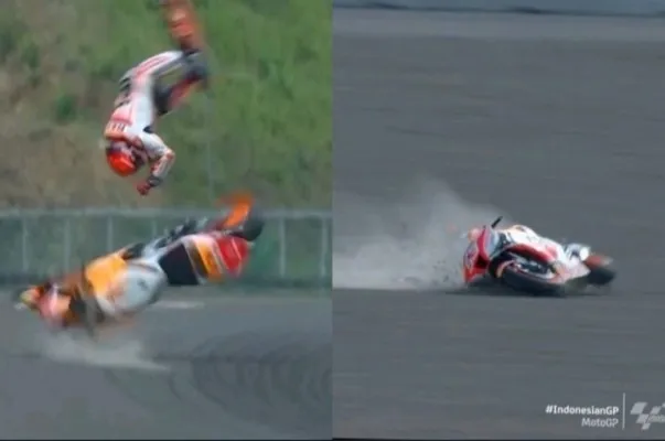 Potret saat Marc Marquez kecelakaan di sirkuit Mandalika. (Foto: Diolah dari Google).