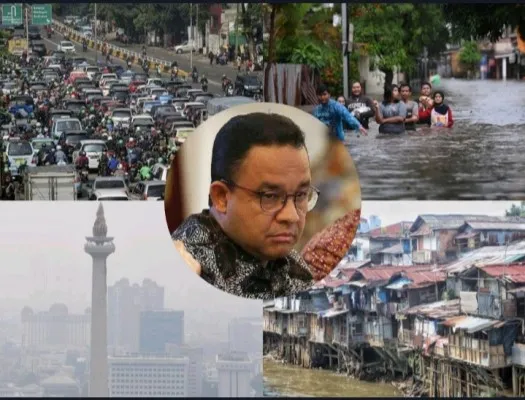 Kolase foto kemacetan, banjir, polusi udara, dan kemiskinan yang gagal di atasi Anies Baswedan di Jakarta. (Foto: Diolah dari Google).