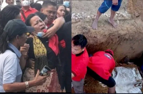 Kolase ibu Brigadir J saat menangis histeris dan pembongkaran makam Brigadir J. (Foto: Diolah dari Google).