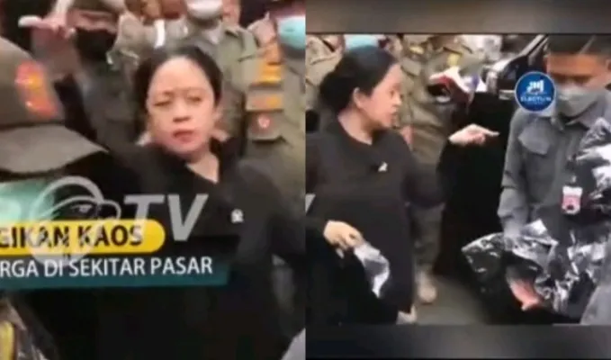 Puan Maharani saat bagi-bagi kaus dengan wajah muram. (Foto: Diolah dari Twitter).