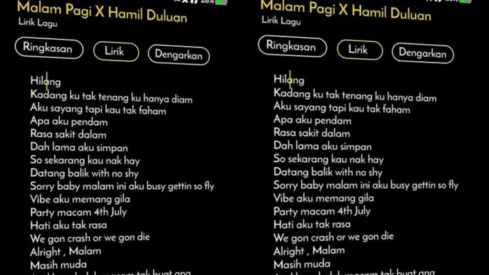 Lirik lagu Malam Pagi x Hamil Duluan yang viral di TikTok. (Foto: Kolase)