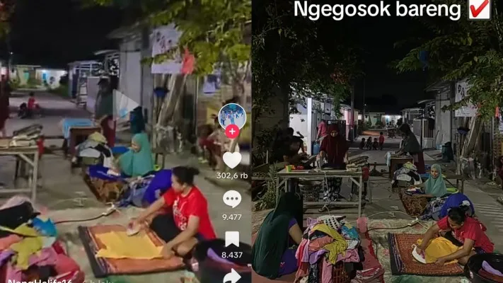 Video viral ibu-ibu nyetrika bareng di depan rumah. (Foto: tangkapan layar TikTok/@nenghalifalianda)