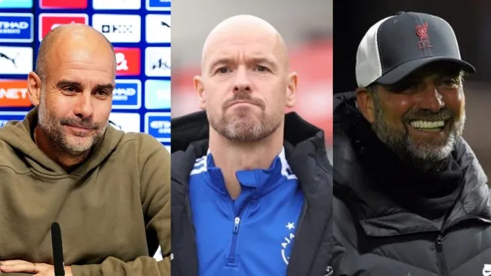 Kolase foto Pep Guardiola, Erik Ten Hag, dan Jurgen Klopp (Foto: diolah dari Twitter)