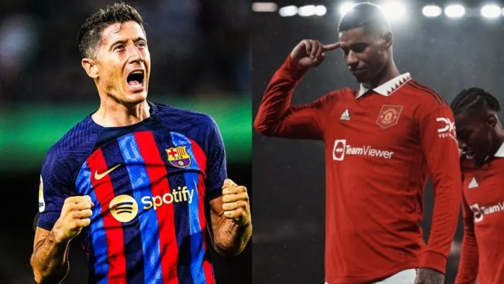 Robert Lewandowski akan berhadapan dengan Marcus Rashford di laga Barcelona vs Manchester United (Foto: Twitter/ManagingBarca/MarcusRashford)