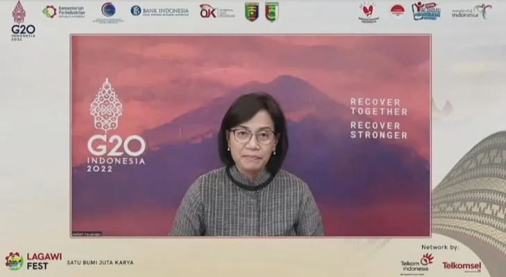 Menteri Keuangan RI, Sri Mulyani Indrawati dalam pembukaan acara Puncak Gerakan Nasional Bangga Buatan Indonesia Lagawifest 2022 yang disiarkan secara virtual, Kamis (23/6/2022).