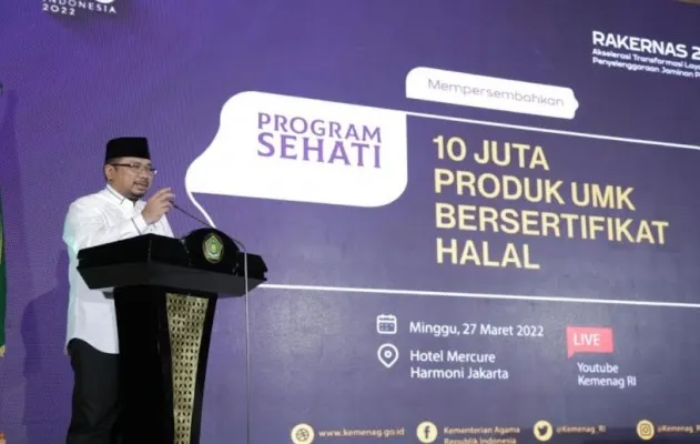 Menteri Agama Yaqut Cholil Coumas saat meluncurkan program 10 juta sertifikasi halal gratis. (Ist)