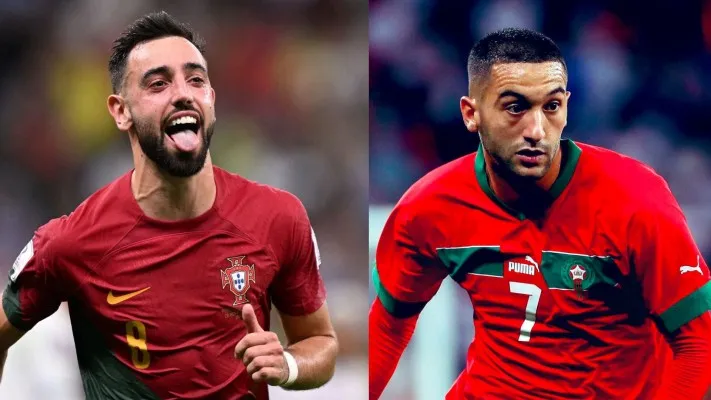 Bruno Fernandes akan berhadapan dengan Hakim Ziyech di pertandingan Maroko vs Portugal (Foto: twitter/KhaledBeydoun/FernandesZone)