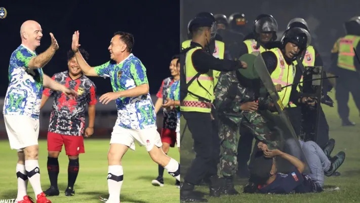 Foto Fun Football Ketum PSSI Iwan Bule bersama Presiden FIFA Gianni Infantino dan potret Tragedi Kanjuruhan (Foto: Twitter/PSSI/KontraS)