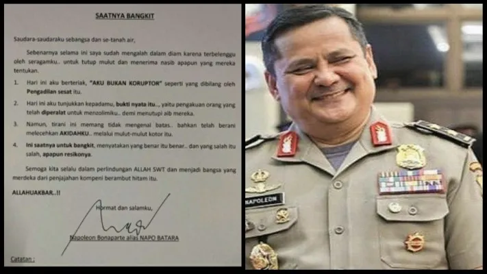 Irjen Pol Napoleon Bonaparte dan surat terbuka yang dia buat dari tahanan. (foto: ist)