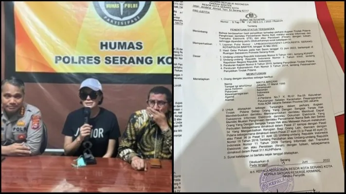 Nikita Mirzani saat menggelar konferensi pers di Polres Serang dan Surat Penetapan Nikita Mirzani sebagai tersangka yang beredar di grup WhatsApp. (foto: kolase/haryono/tangkapan layar)