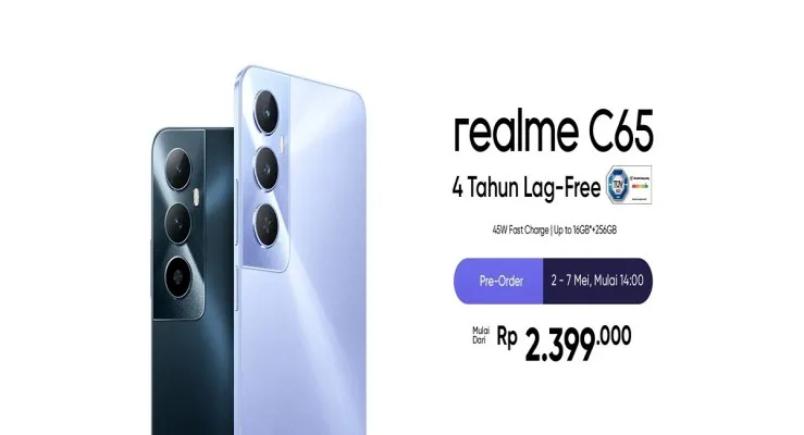 Dengan jaminan 4 tahun anti lag, Realme C65 ditawarkan dengan harga Rp2 jutaan. (foto: realme.com)