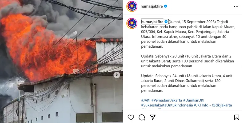 Pabrik di Kapuk Muara Penjaringan terbakar pada Jumat, ratusan petugas Damkar dikerahkan. (IG_humajakfire)