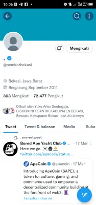 Foto : Tangkapan Layar Akun Twitter Pemerintah Kota Bekasi, Jawa Barat, Diretas. (Tangkapan Layar)