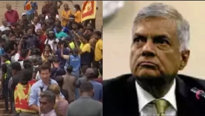 Kolase foto masa demo di Kolombo, Ibu Kota Sri Lanka, dan Presiden Ranil Wickremesinghe. (Foto diolah dari TOI).