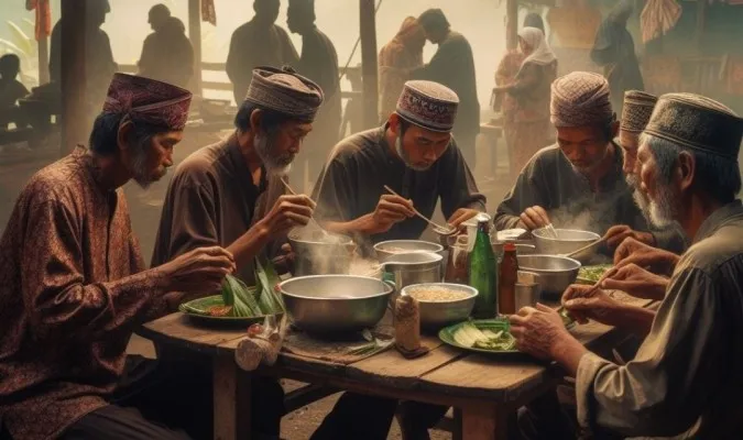 Ilustrasi adab makan dan minum dalam Islam yang harus diterapkan saat momen lebaran. (Foto: instagram/ujang_muslich)