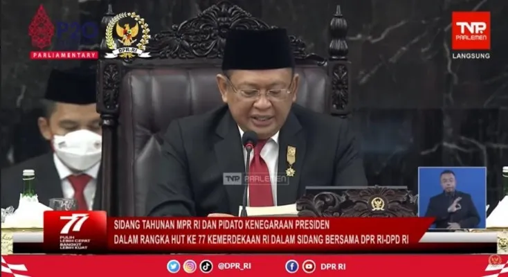 Ketua MPR Bambang Soesatyo saat membuka  sidang paripurna MPR/DPR/DPD  di  Gedung Nusantara MPR/DPR/DPD. (rizal/tangkapan layar)