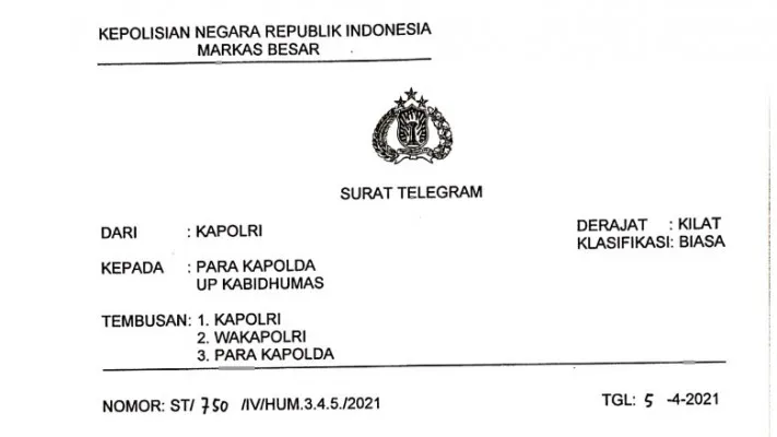 Surat Telegram Kapolri. (foto: screenshot/ist)