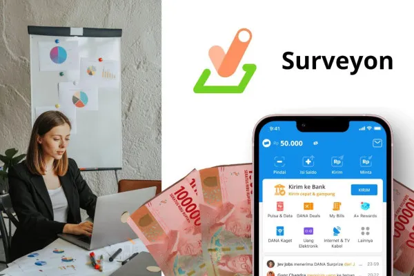 Surveyon, aplikasi survei penghasil uang yang mengirimkan saldo DANA Rp50.000 ke e-wallet. (Poskota/Audie Salsabila Hariyadi)