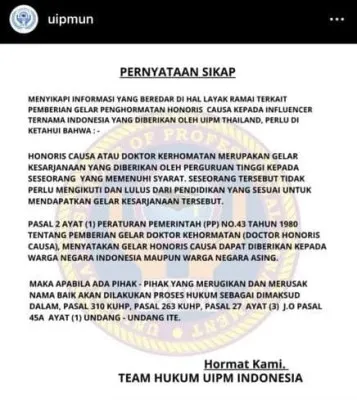 Kampus viral UIPM yang berikan gelar doktor kehormatan untuk Raffi Ahmad ancam netizen. (Tangkap layar instagram/@uipmun)