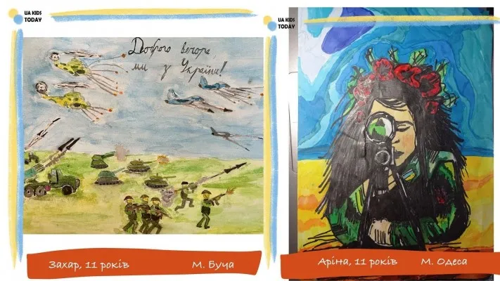 Gambar-gambar yang dikirim oleh anak-anak Ukraina yang dilanda perang. Gambar kiri, karya dari Zakhar (11) dari Bucha.  ia melihat pengeboman lewat apartemennya secara langsung. Kanan, karya dari Arina (11) dari kota Odessa, ia mengalami gangguan psikologis akibat peperangan. (Foto: Instagram/uakids.today)