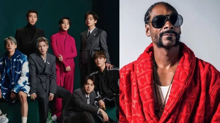 Boy Group Korea BTS dan Rapper Amerika Serikat Snoop Dogg (Foto: Twitter/Popbase)