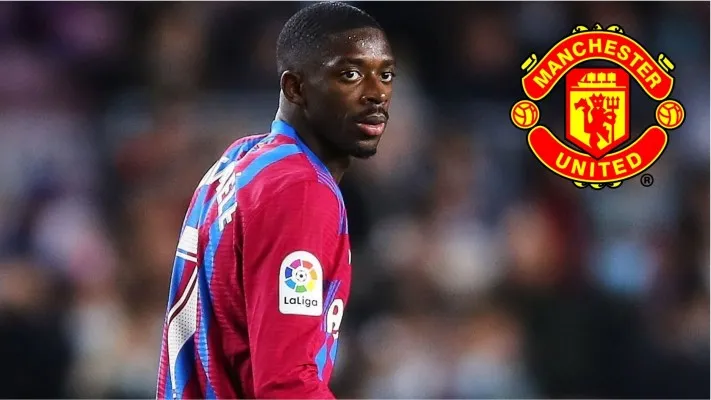 Habisnya kontrak Ousmane Dembele dengan Barcelona pada bulan Juni membuatnya dikaitkan dengan berbagai klub seperti Arsenal, PSG, dan Manchester United. (Foto: Twitter/@SofaScoreINT, logo/pngwing)