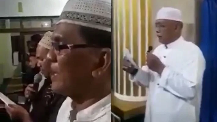 Jemaah masjid ini nyanyi lagu Indonesia Raya sebelum melakukan salat tarawih berjamaah. Terlihat seorang imam (kanan) memimpin nyanyian yang diikuti jamaahnya (kanan). (Foto: Tangkapan layar Twitter)