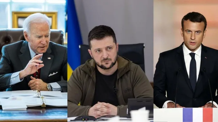 Presiden Amerika Serikat Joe Biden, Presiden Ukraina Volodymyr Zelensky, dan Presiden Prancis Emmanuel Macron (Foto: diolah dari instagram dan twitter)