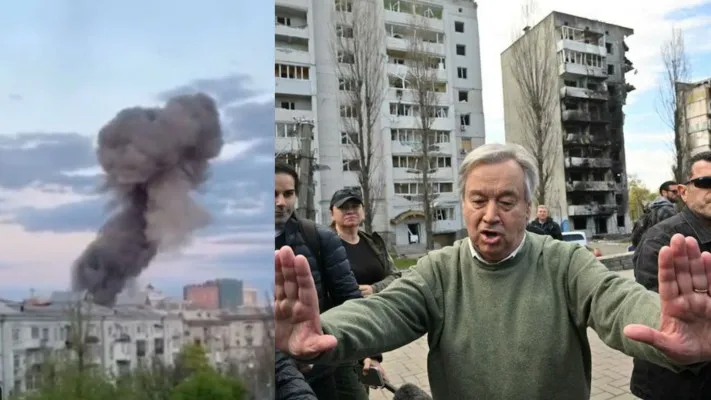 Serangan rudal Rusia ke Kiev (kiri) untuk pertama kali sejak mundur bertepatan dengan kunjungan Sekjen PBB Antonio Guterrez (Foto: Twitter/@davimasinde,@DaveHerning)