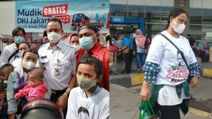 Program mudik gratis Pemprov DKI Jakarta, ada pihak yang membagikan kaus 'Anies Presiden Indonesia' (Foto: diolah dari Twitter)