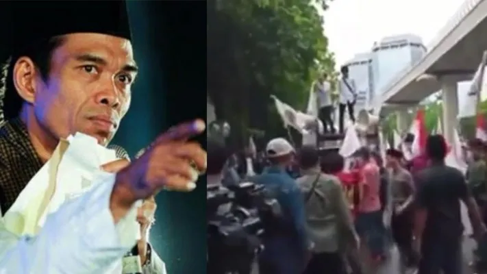 Ustadz Abdul Somad (UAS) dan demo massa pendukung UAS di Kedubes Singapura (Foto: diolah dari Twitter)