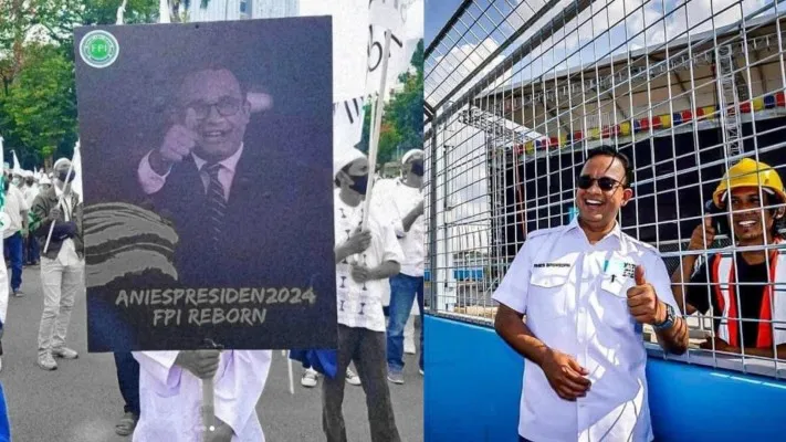 Poster Anies di demo FPI Reborn dan Anies Baswedan di ajang Formula E (Foto: diolah dari Twitter)