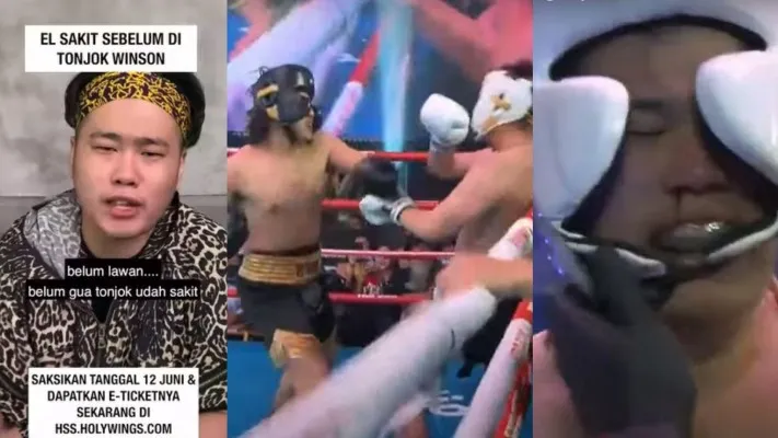 Potongan layar video Winson Reynaldi sebelum pertandingan, dan detik-detik Winson Reynaldi kalah TKO oleh El Rumi (Foto: IG/Holywingssportshow, youtube)