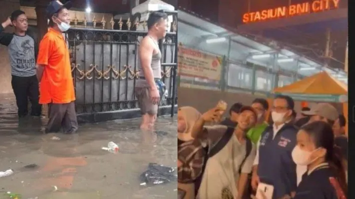 Kolase foto banjir di Jakarta yang diunggah pegiat media sosial, dan kunjungan Anies ke SCBD Fashion week. (Foto: twitter/Miduk17/tangkapan layar Uki23)