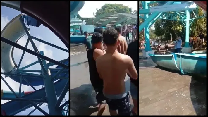 Situasi dan konsisi setelah perosotan kolam renang Waterpark Kenjeran (Kenpark) Surabaya, Jawa Timur, ambruk, Sabtu 7 Mei 2022. (foto: tangkapan layar/ist)