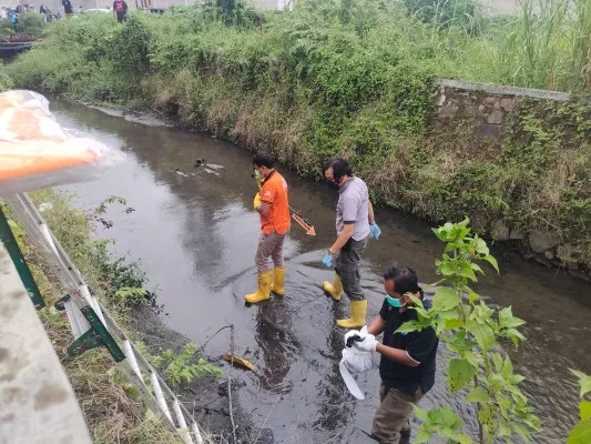 Foto : Petugas Polres Cilegon mengidentifikasi jasad mayat bayi di Kali Selorot, Cilegon, Banten. (Ist.)