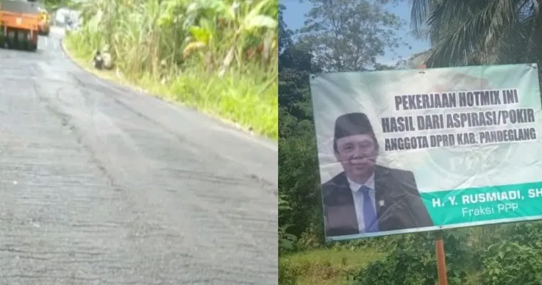 Poster anggota DPRD Pandeglang dipampang di lokasi proyek jalan. (Foto: Ist).