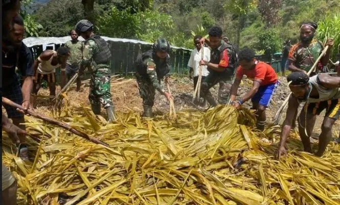 Satgas Satuan Organik Yonif Raider 303/SSM Kostrad Pos Beoga mengadakan doa bersama dan kegiatan Tradisi Bakar Batu bersama masyarakat Kampung Milawak, Distrik Beoga Kabupaten Puncak Papua.(Ist)