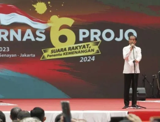 Presiden Joko Widodo (Jokowi) saat berpidato di acara Rakernas Projo, di Jakarta, Sabtu (14/10/2023). (Biro Pres)