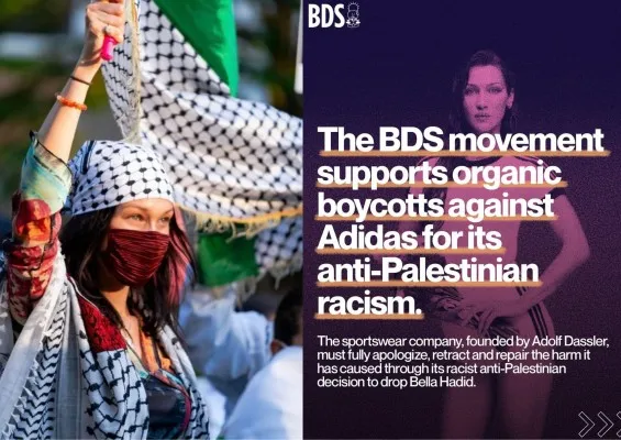 Seruan Boikot Adidas kembali bergema di sosial media setelah menghapus foto  model keturunan Palestina, Bella Hadid dari iklan terbarunya (Foto Edited by Adam Ganefin)