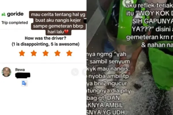 Seorang wanita menangis karena beras milik driver ojol terjatuh dan terlindas. (Kolase Tangkap Layar TikTok/@tariss24)