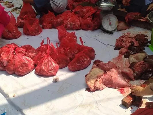 Panitia hewan kurban memasukan daging kurban ke kantong plastik warna merah siap disalurkan ke warga Depok. (Poskota.co.id/ M Irwan)