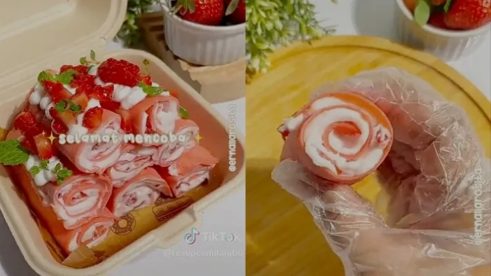 Resep dessert viral Strawberry Towel Cake Roll. (TikTok: @ernaliarosita)