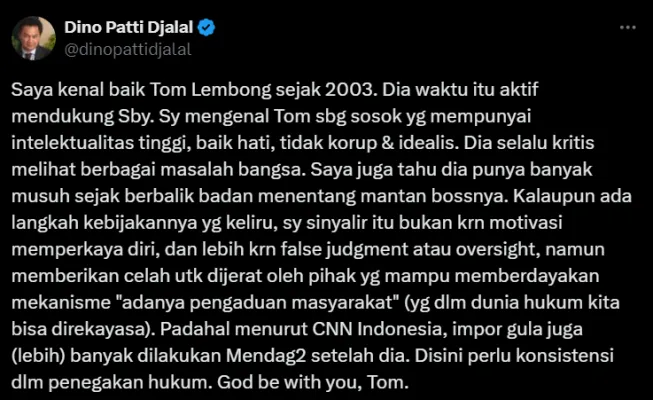 Dino Patti Djalal sebut kenal Tom Lembong dan minta adanya konsistensi hukum dalam kasus impor gula. (X/dinopattidjalal)