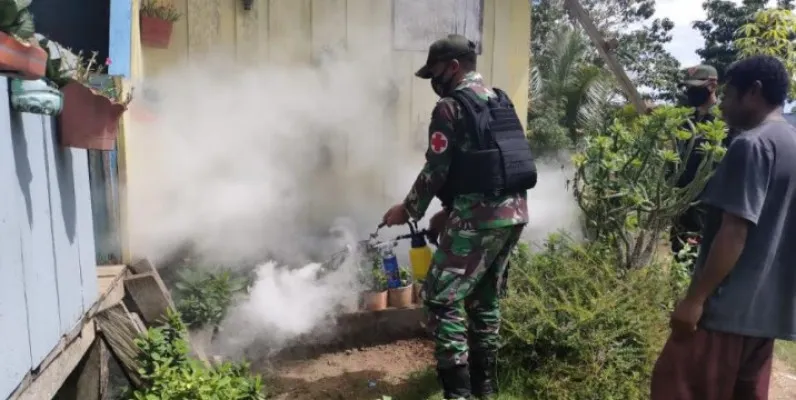 TNI Laksanakan Fogging Di Kampung Yowong Papua   .(Ist)