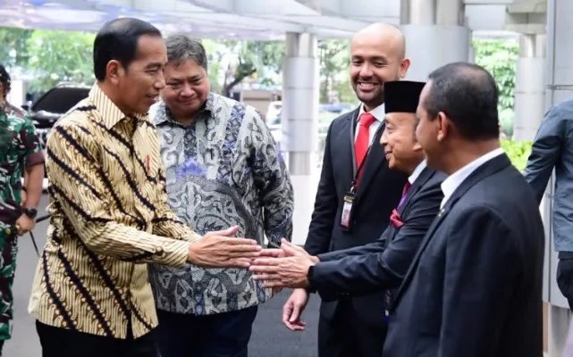 Presiden Joko Widodo saat menghadiri pelantikan Badan Pengurus Pusat Himpunan Pengusaha Muda Indonesia (HIPMI) Masa Bakti 2022-2025. (biro pers)