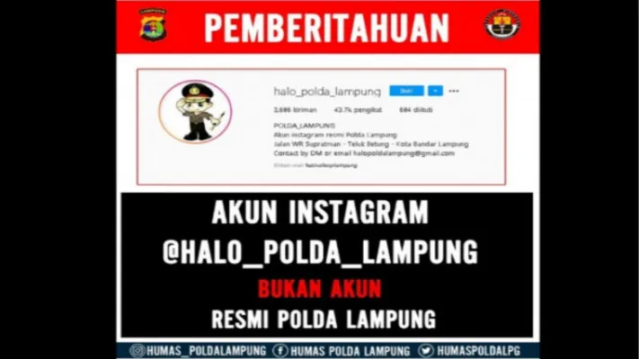 Pengumuman Humas Polda Lampung mengenai keabsahan akun Instagram @halo_polda_lampung. (foto/humas polda lampung)